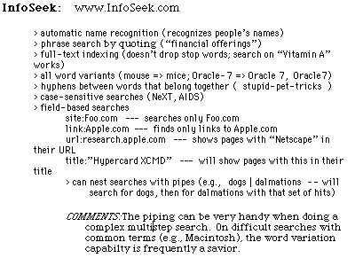 InfoSeek cheat sheet